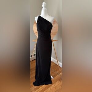 Ralph Lauren black, one shoulder, ruched column gown with side slit. Size 4